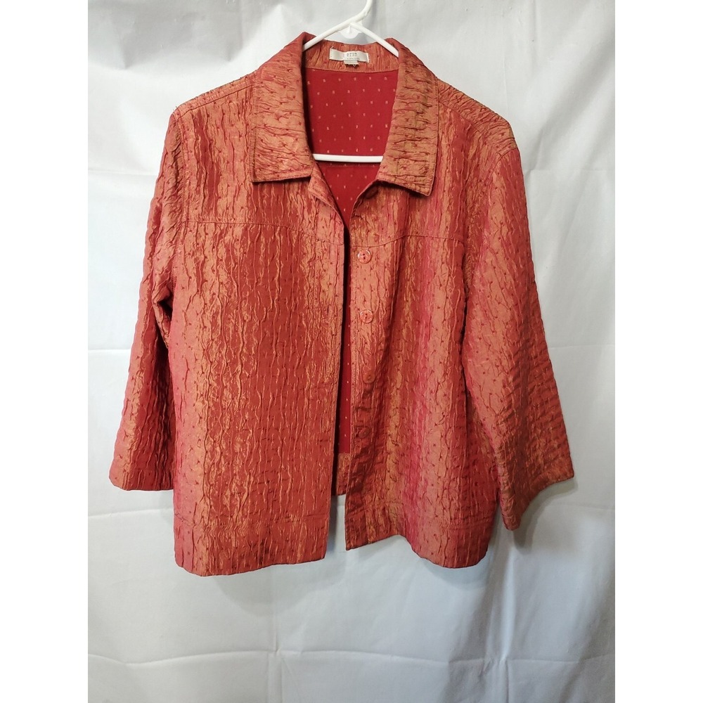 Erin By Erin London Metalic Orange Red Textured Jacket Sz‎ L Women's Button Up